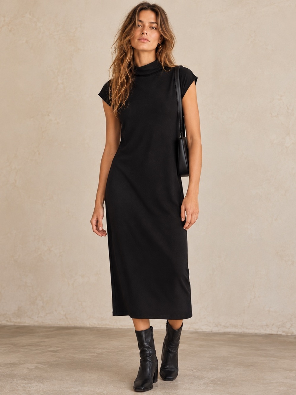 Paper Label TENCEL Black Mock Neck Midi Dress